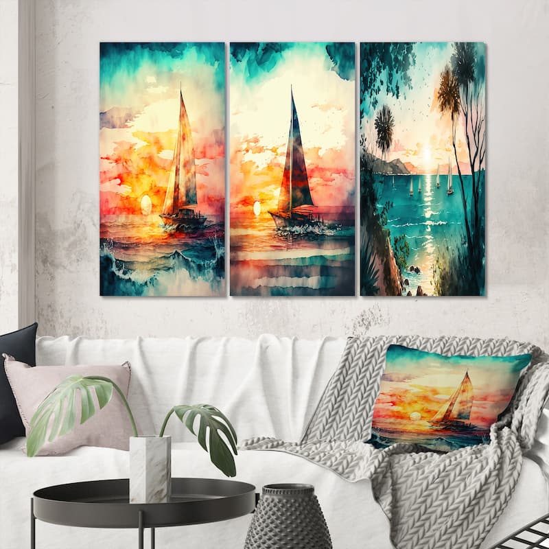 Designart "Sailboat On The Ocean Watercolor Sunset I" Coastal Boat